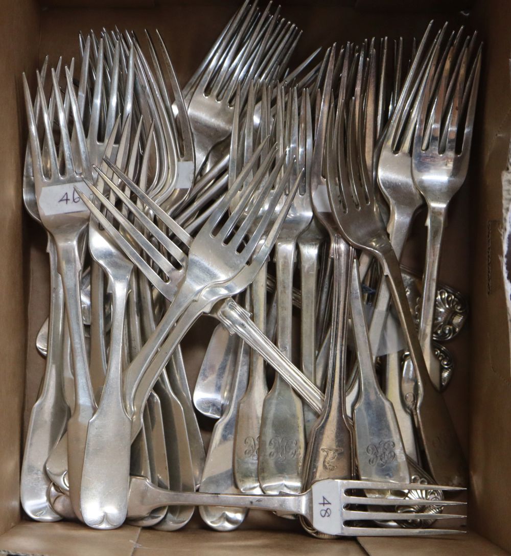Forty mainly 19th century assorted silver table forks and dessert forks, various patterns, dates and makers,